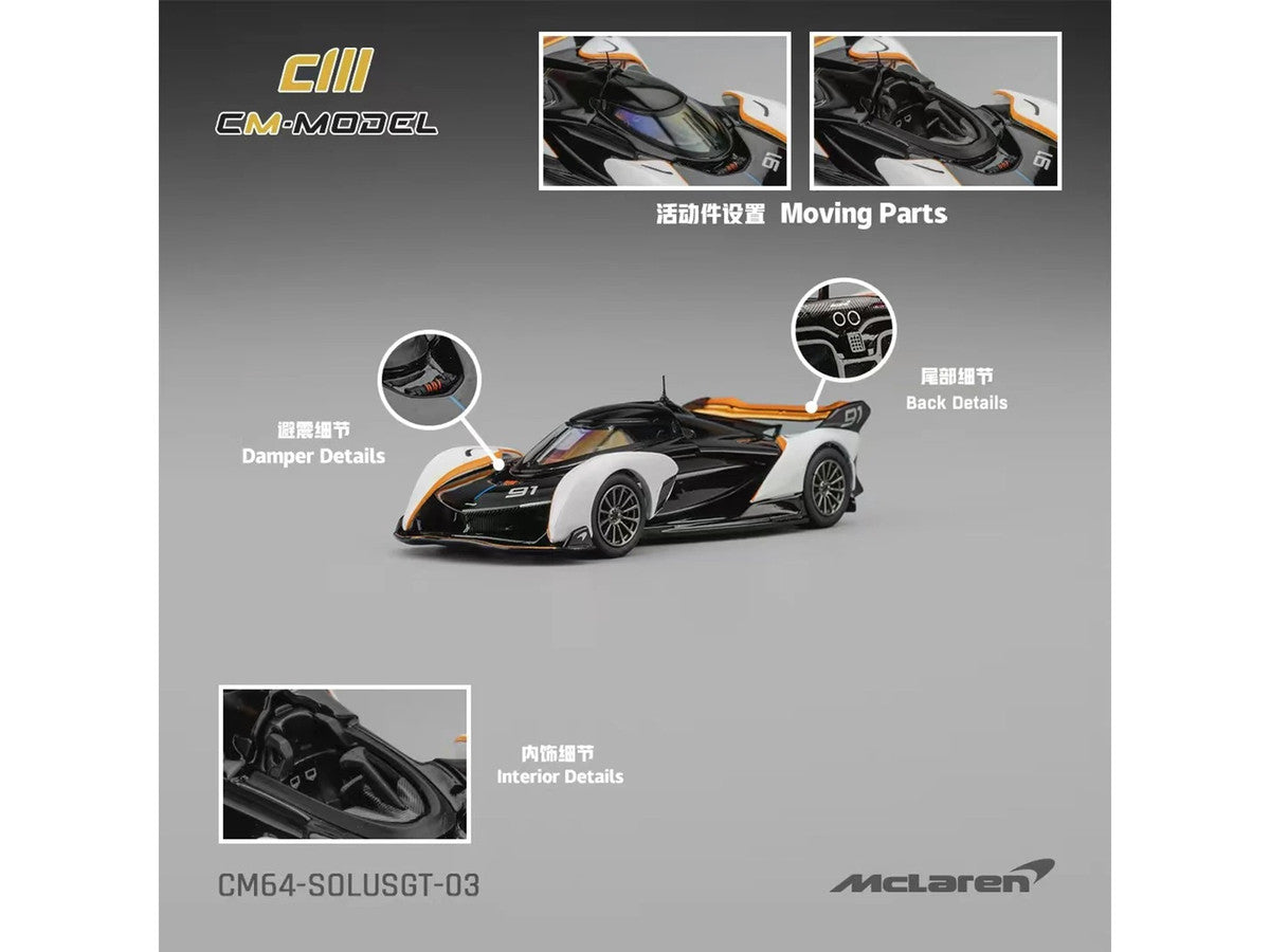 McLaren Solus GT #91 Black and White with Orange Accents 1/64 Diecast Model Car by CM Model CM Models