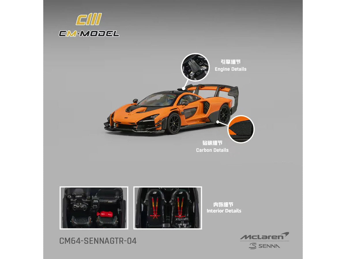 McLaren Senna GTR Orange Metallic with Carbon Hood and Black Top 1/64 Diecast Model Car by CM Model-4