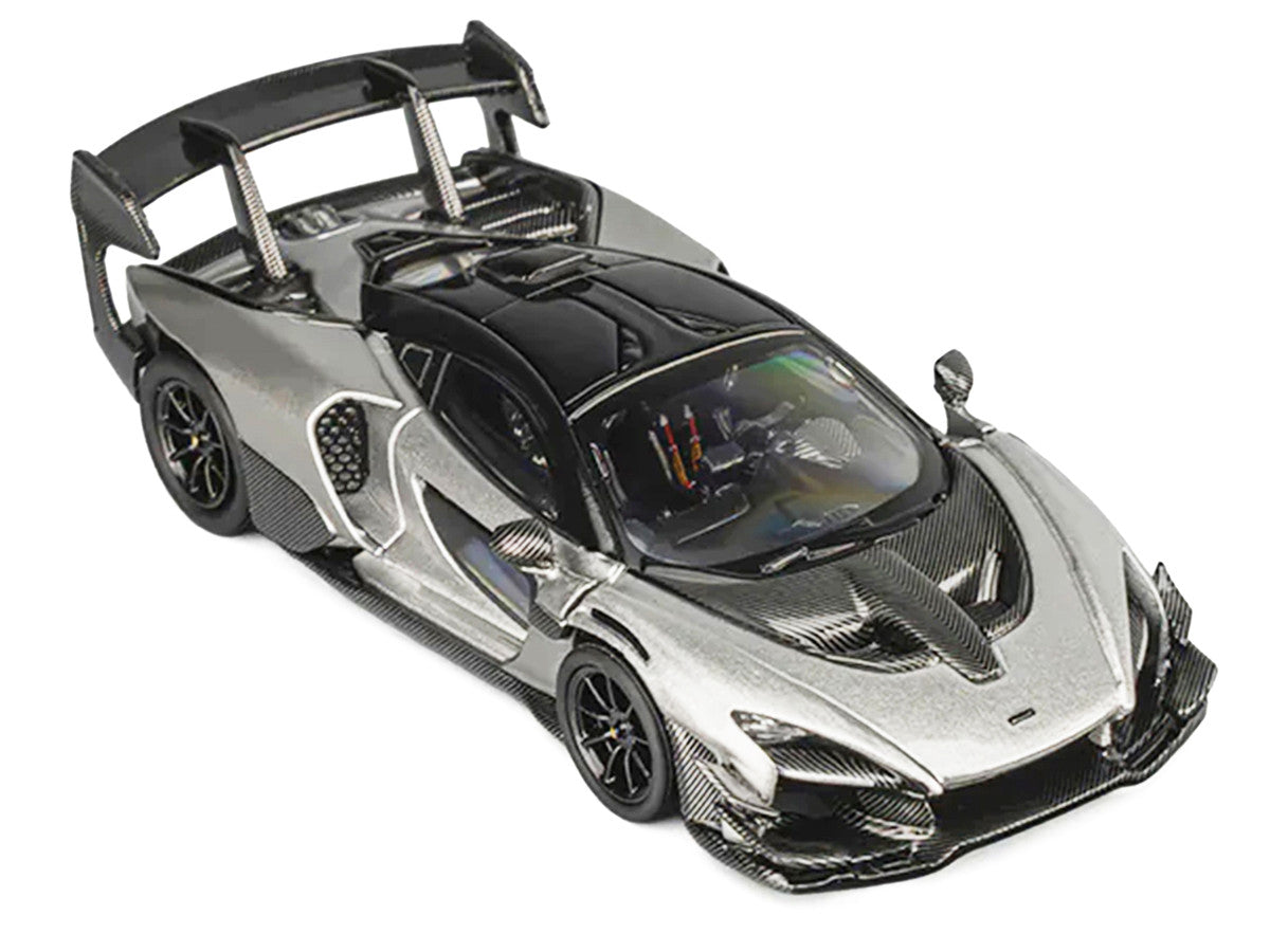 McLaren Senna GTR Silver Gray Metallic with Carbon Hood and Black Top 1/64 Diecast Model Car by CM Model-3