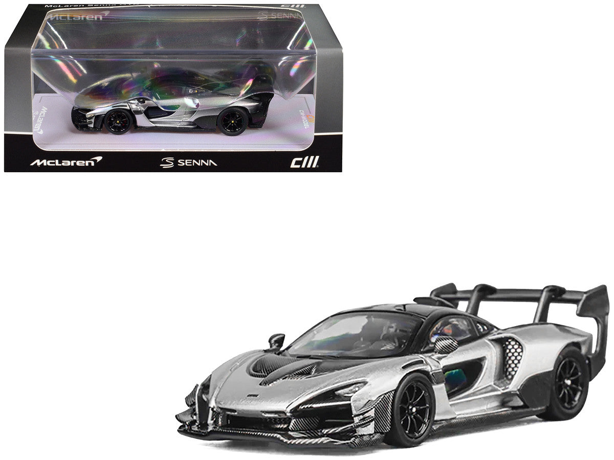 McLaren Senna GTR Silver Gray Metallic with Carbon Hood and Black Top 1/64 Diecast Model Car by CM Model-0