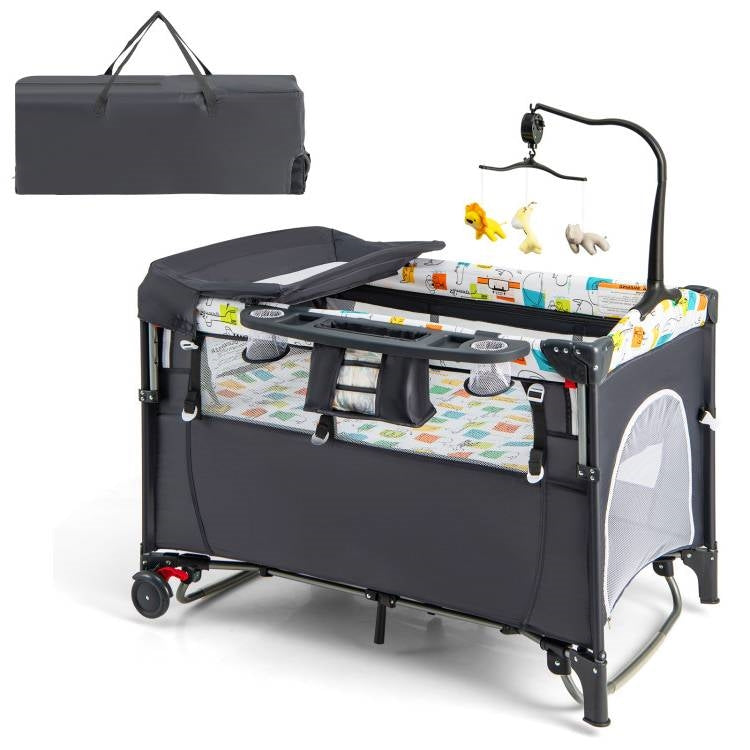 Grey Foldable Baby/Toddler Playpen Bassinet Bed Crib Music Box FastFurnishings