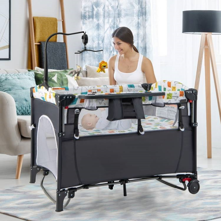 Grey Foldable Baby/Toddler Playpen Bassinet Bed Crib Music Box FastFurnishings