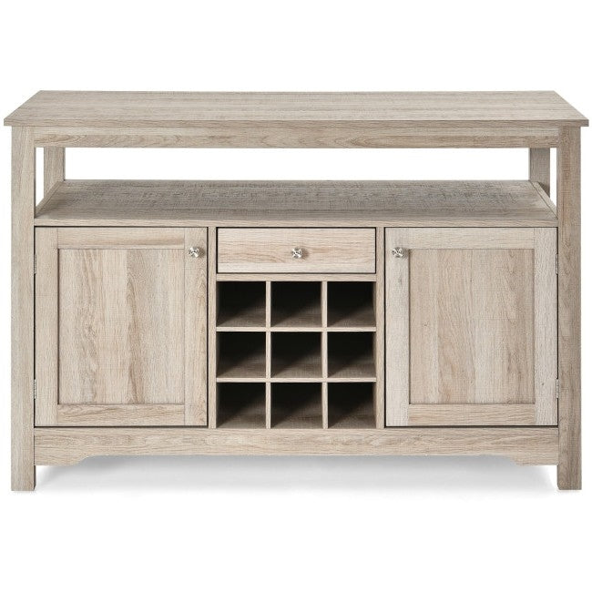 Gray Oak Buffet Server 9 Bottle Wine Cabinet Console FastFurnishings