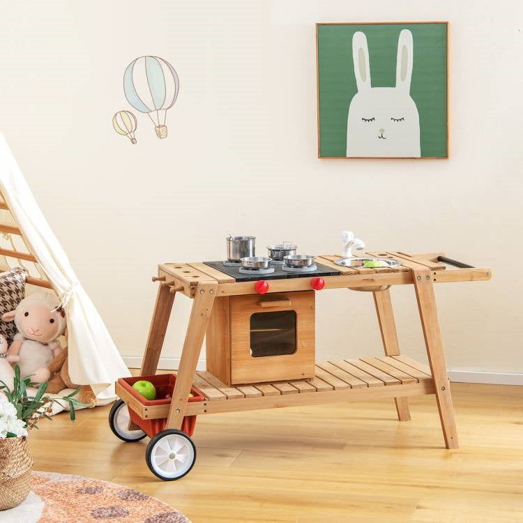Kids Wooden Play Portable Cook Cart Set Navy/White Sun Proof Umbrella-1
