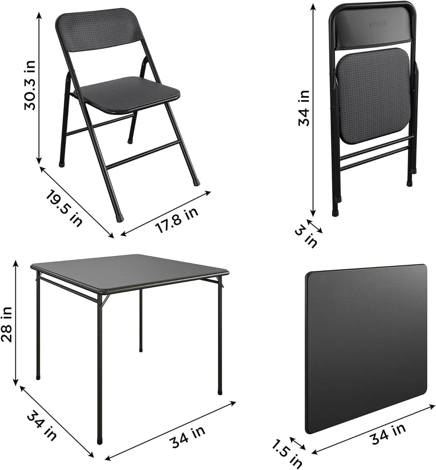 Black 5-Piece Square Folding Dining Table with 4 Chairs Guest Set Card Table FastFurnishings
