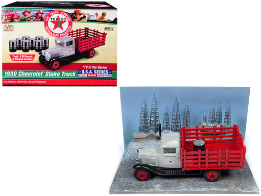1930 Chevrolet Stake Truck with Eight Oil Barrels and Oil Derricks Diorama "Texaco" 12th in the "U.S.A. Series" 1/43 Diecast Model by Auto World Autoworld