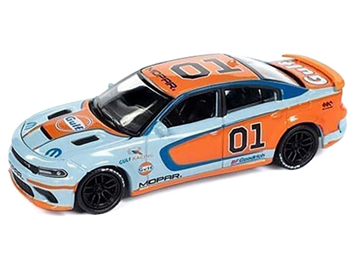 2021 Dodge Charger SRT Hellcat #01 "Gulf Oil-MOPAR" Light Blue and Orange Limited Edition to 4800 pieces Worldwide 1/64 Diecast Model Car by Auto World Autoworld