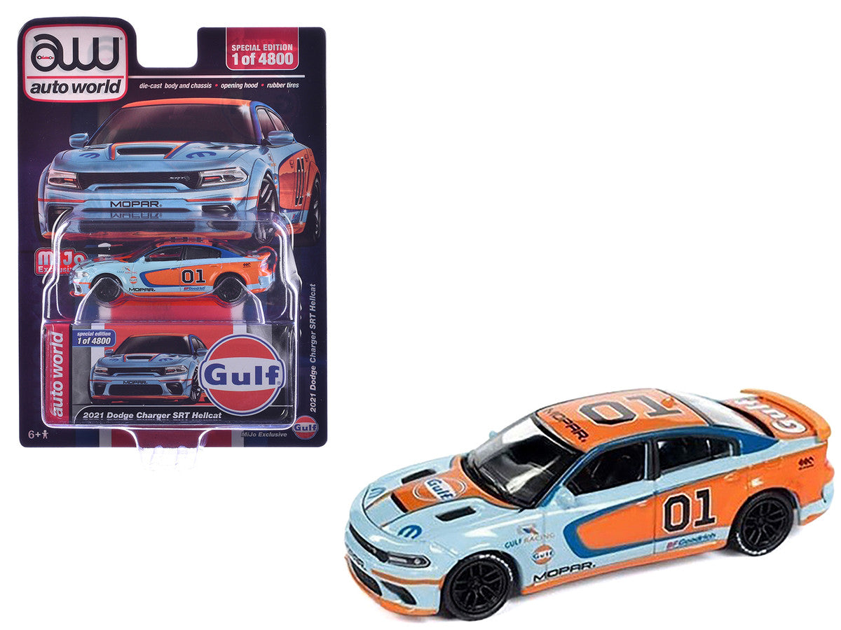 2021 Dodge Charger SRT Hellcat #01 "Gulf Oil-MOPAR" Light Blue and Orange Limited Edition to 4800 pieces Worldwide 1/64 Diecast Model Car by Auto World Autoworld