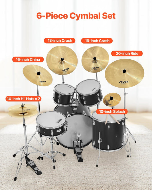 Cymbal Pack, 6 Pieces Cymbals for Drum Set, Alloy Cymbals Drum Set Includes 14-inch Hi-Hats, 16-inch Crash, 18-inch Crash, 20-inch Ride, 10-inch Splash, 16-inch China, Drumsticks & Cymbal Bag W2B