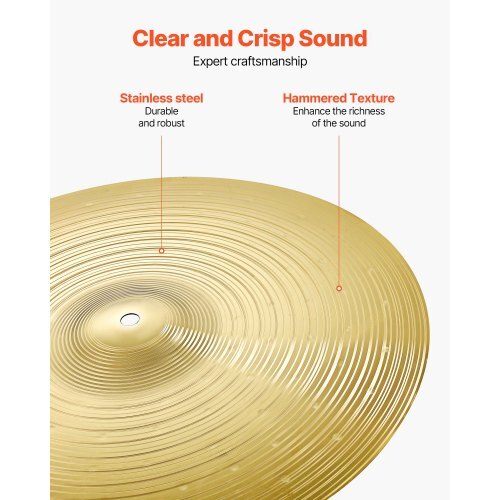 Cymbal Pack, 6 Pieces Cymbals for Drum Set, Alloy Cymbals Drum Set Includes 14-inch Hi-Hats, 16-inch Crash, 18-inch Crash, 20-inch Ride, 10-inch Splash, 16-inch China, Drumsticks & Cymbal Bag W2B