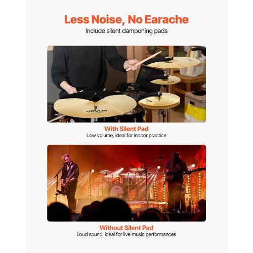 Cymbal Pack, 6 Pieces Cymbals for Drum Set, Alloy Cymbals Drum Set Includes 14-inch Hi-Hats, 16-inch Crash, 18-inch Crash, 20-inch Ride, 10-inch Splash, 16-inch China, Drumsticks & Cymbal Bag W2B