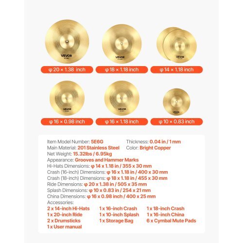 Cymbal Pack, 6 Pieces Cymbals for Drum Set, Alloy Cymbals Drum Set Includes 14-inch Hi-Hats, 16-inch Crash, 18-inch Crash, 20-inch Ride, 10-inch Splash, 16-inch China, Drumsticks & Cymbal Bag W2B