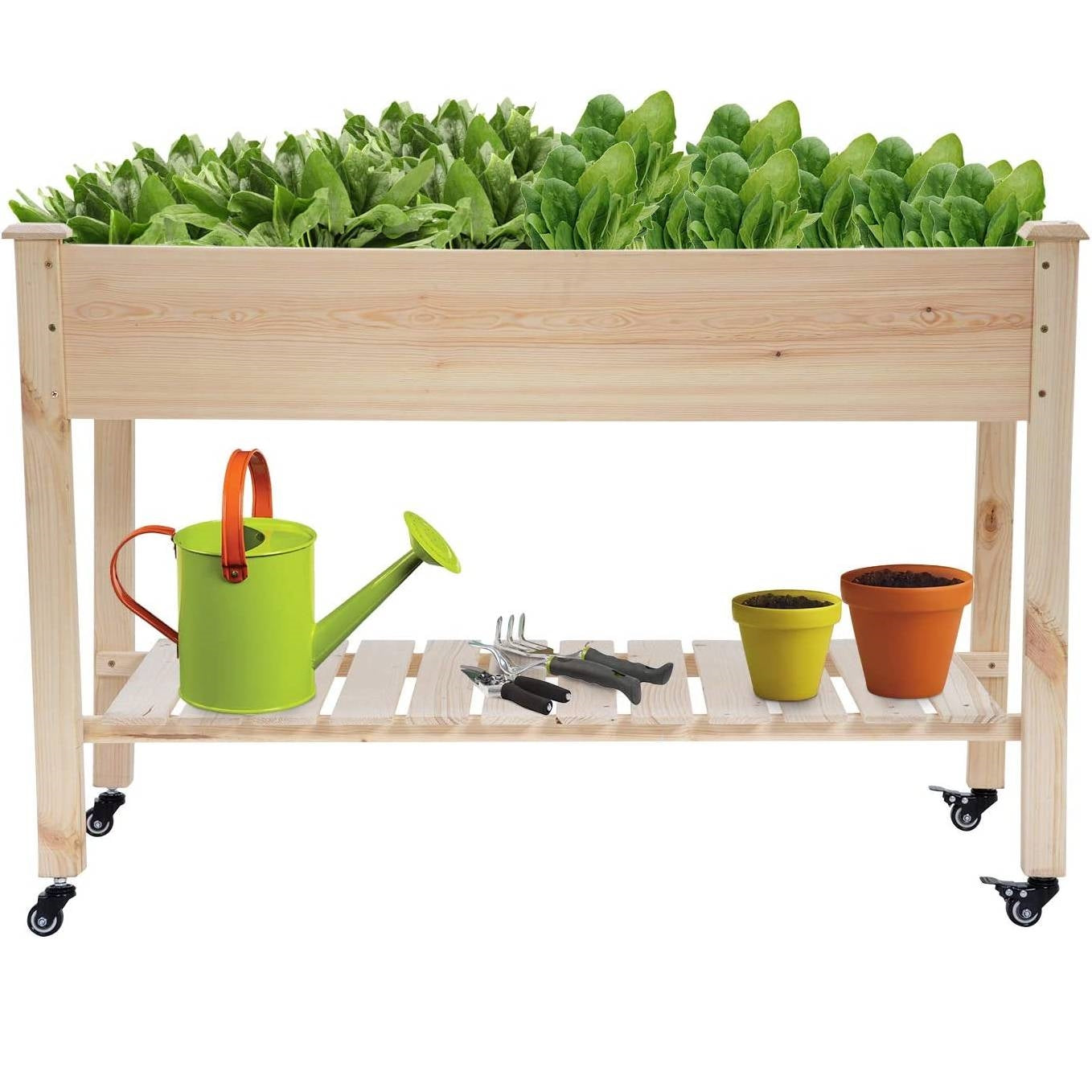 2ft x 4ft Outdoor Solid Fir Wood Raised Garden Bed Planter Box on Locking Wheels FastFurnishings