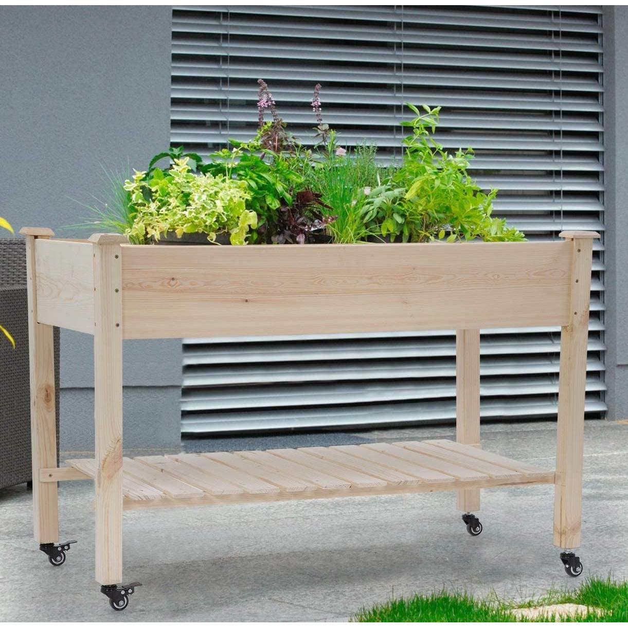 2ft x 4ft Outdoor Solid Fir Wood Raised Garden Bed Planter Box on Locking Wheels FastFurnishings