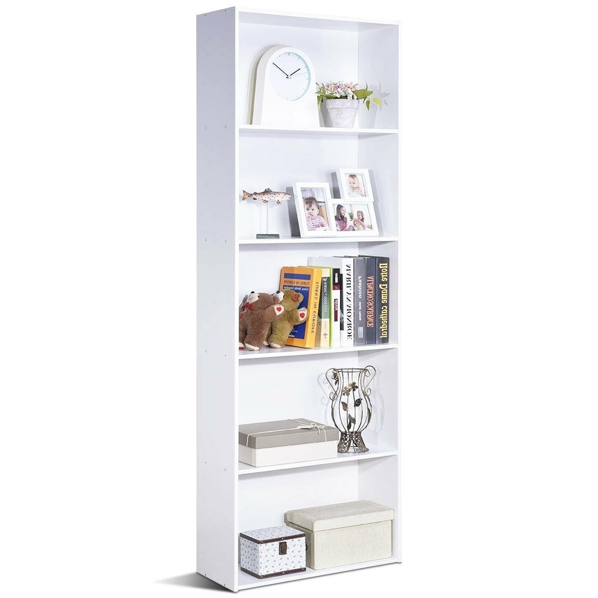 Modern 5-Tier Bookcase Storage Shelf in White Wood Finish W2B