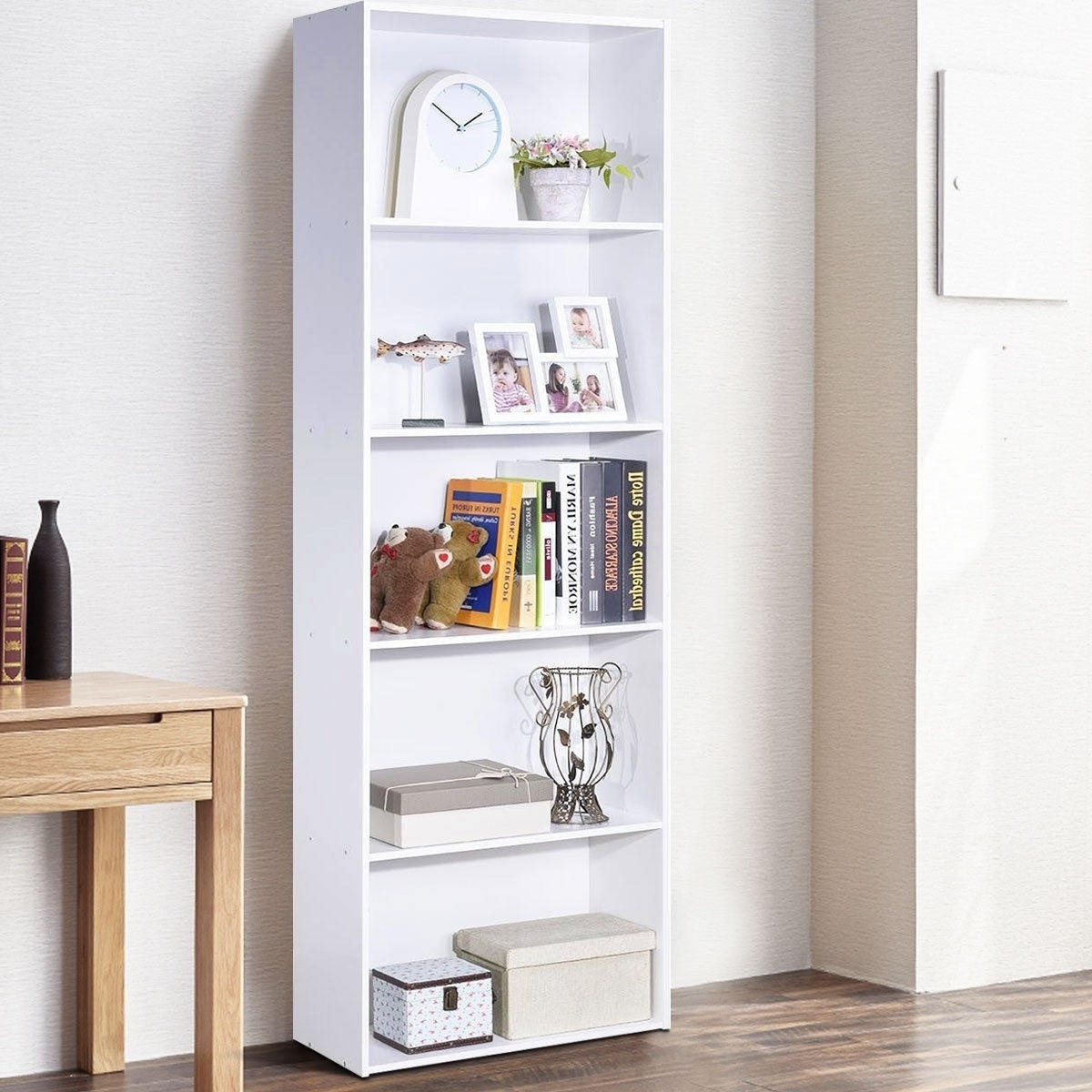 Modern 5-Tier Bookcase Storage Shelf in White Wood Finish W2B