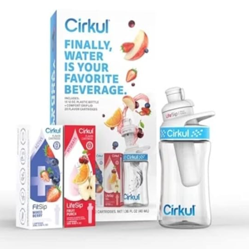 Cirkul Plastic Water Bottle Starter Kit with Blue Lid and 2 Flavor Cartridges (Fruit Punch & Mixed Berry)