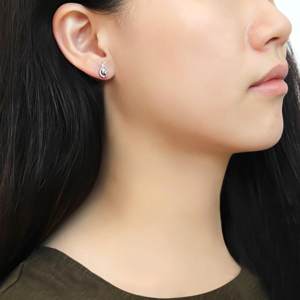 DA074 - High polished (no plating) Stainless Steel Earrings with AAA Grade CZ  in Clear-2