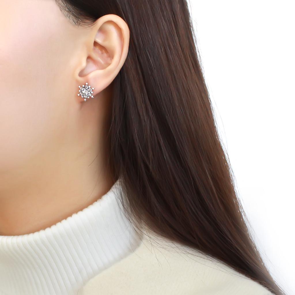 DA294 - High polished (no plating) Stainless Steel Earrings with AAA Grade CZ  in Clear-2