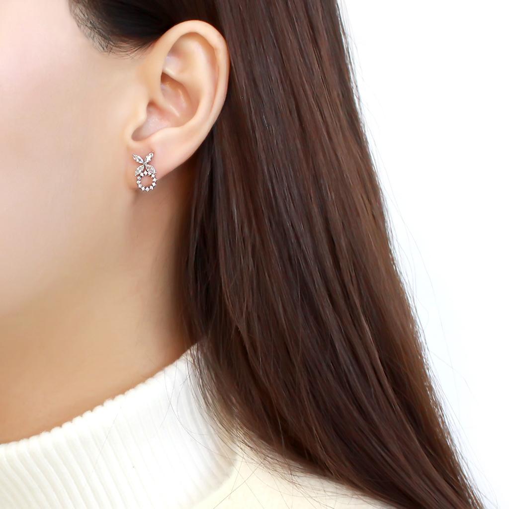 DA296 - High polished (no plating) Stainless Steel Earrings with AAA Grade CZ  in Clear-2