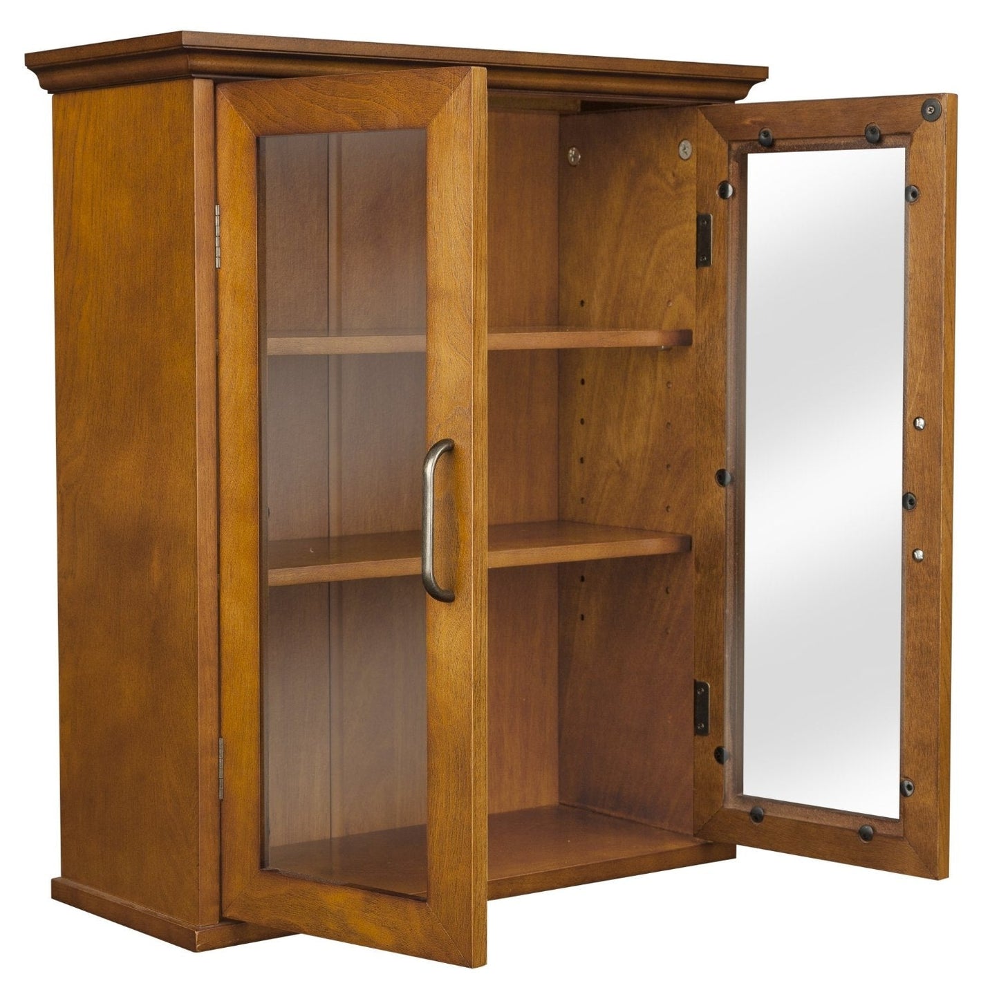 Oak Finish Bathroom Wall Cabinet with Glass  2-Doors & Shelves FastFurnishings