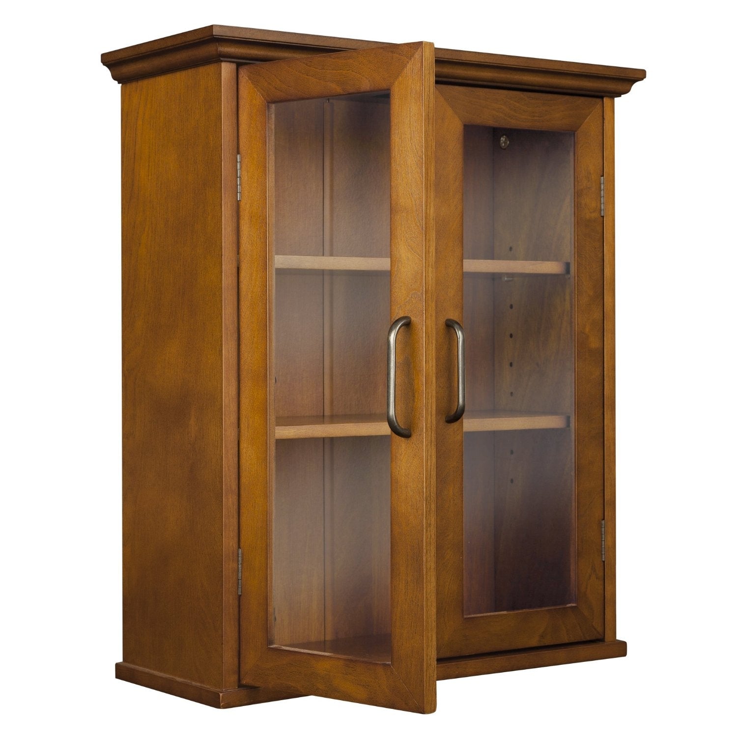 Oak Finish Bathroom Wall Cabinet with Glass  2-Doors & Shelves FastFurnishings