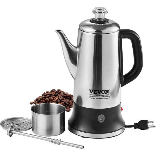 12-Cup Electric Percolator Coffee Pot, 304 Stainless Steel Coffee Percolator with Keep Warm Function & Heat-Resistant Handle, Classic Coffee Maker, Quick Brew & Easy-Pour Spout, Silver W2B