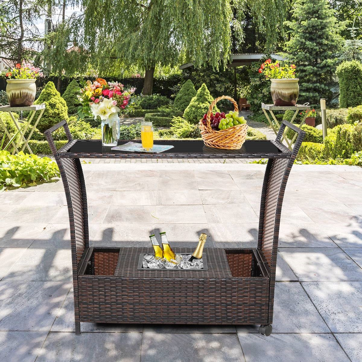 Outdoor Sturdy Resin Wicker Serving Bar Cart Brown Rattan-2