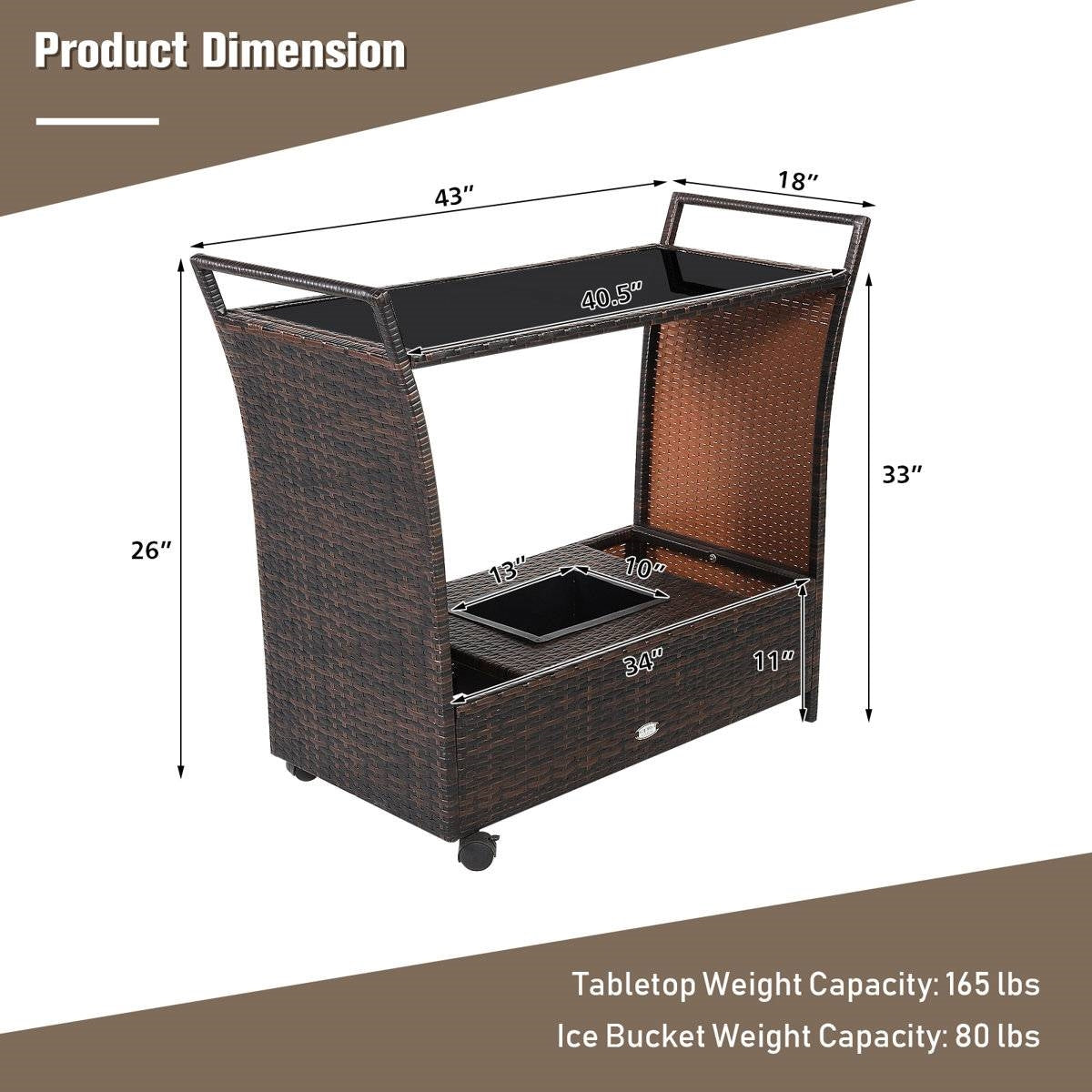 Outdoor Sturdy Resin Wicker Serving Bar Cart Brown Rattan-3