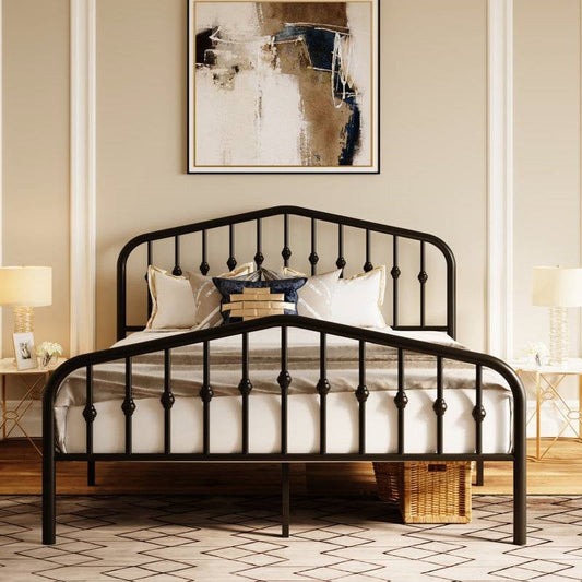 Queen Farmhouse Spindle Black Metal Platform Bed Frame with Headboard Footboard FastFurnishings