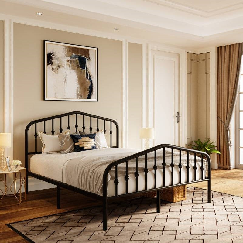 Queen Farmhouse Spindle Black Metal Platform Bed Frame with Headboard Footboard FastFurnishings