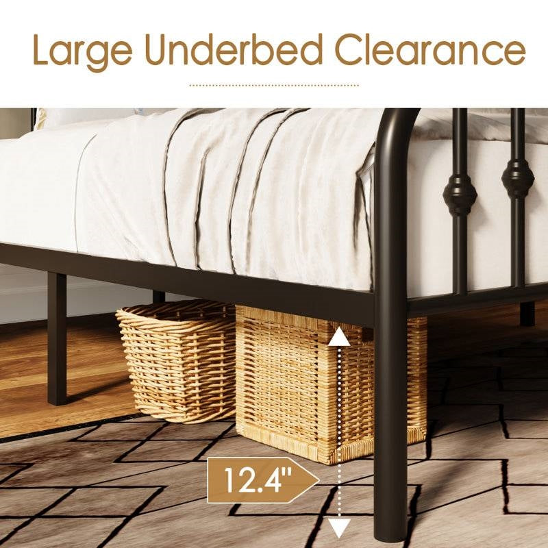 Queen Farmhouse Spindle Black Metal Platform Bed Frame with Headboard Footboard FastFurnishings