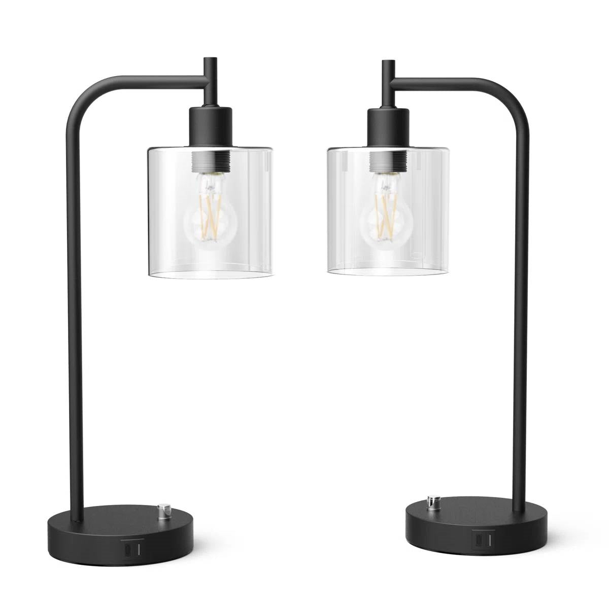 Set of 2 - Modern Stylish Black Metal Arch USB Table Lamp with LED Bulbs FastFurnishings