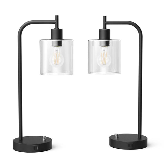 Set of 2 - Modern Stylish Black Metal Arch USB Table Lamp with LED Bulbs FastFurnishings