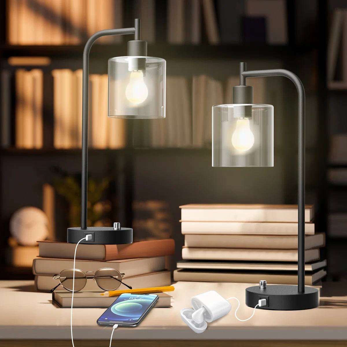Set of 2 - Modern Stylish Black Metal Arch USB Table Lamp with LED Bulbs FastFurnishings