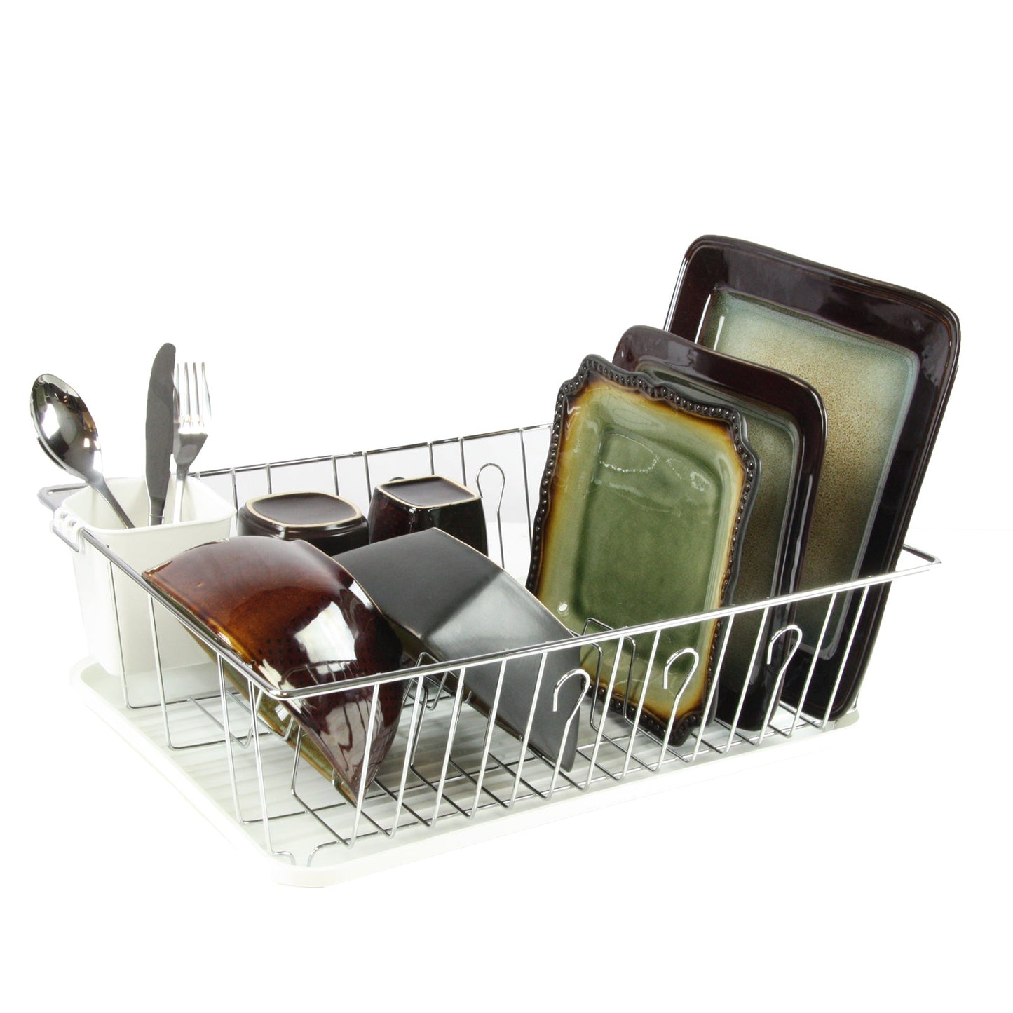 MegaChef 17.5 Inch White Single Level Dish Rack with 14 Plate Positioners and a Detachable Utensil Holder W2B