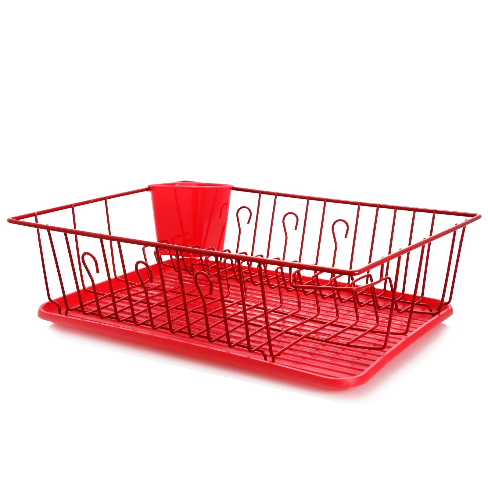 MegaChef 17.5 Inch Red Dish Rack with 14 Plate Positioners and a Detachable Utensil Holder W2B