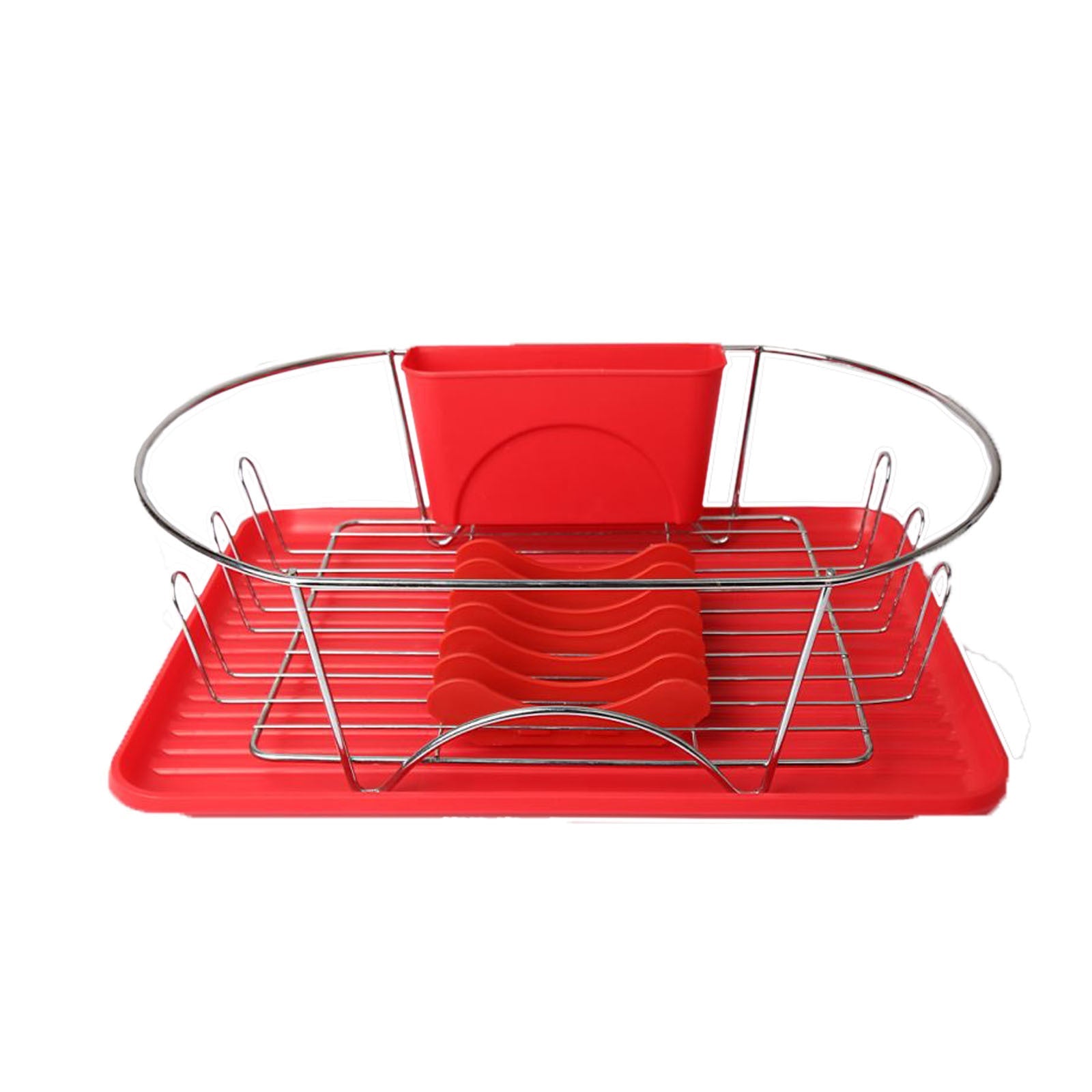 MegaChef 17 Inch Red and Silver Dish Rack with Detachable Utensil holder and a 6 Attachable Plate Positioner W2B