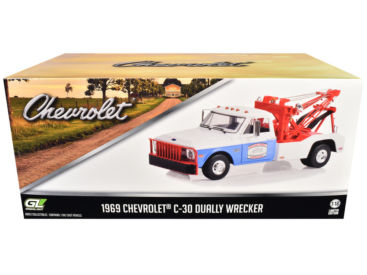 1969 Chevrolet C-30 Dually Wrecker Tow Truck White and Blue "Hazzard County Garage" 1/18 Diecast Model Car by Greenlight Greenlight