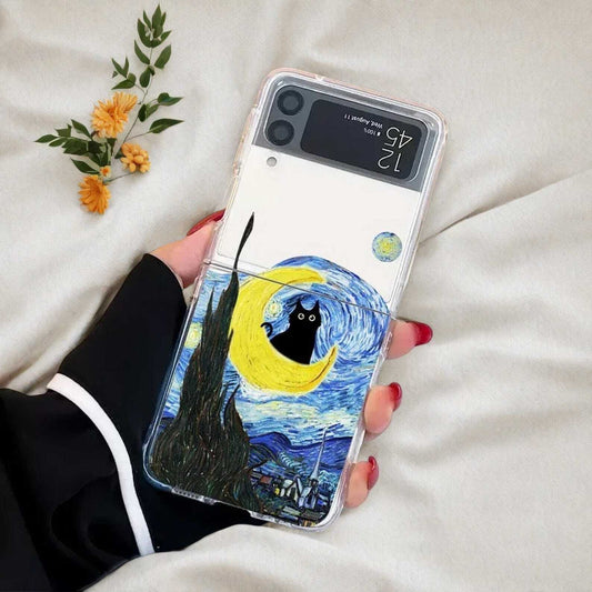 Black Cat Retro Case for Samsung Galaxy Z Flip 6/5/4/3 - Clear Transparent Cover with Artistic Design and Durable Protection W2B