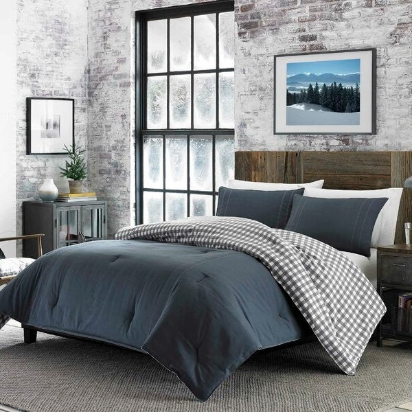 King size 100% Cotton Reverse Plaid Gray/White Comforter Set FastFurnishings