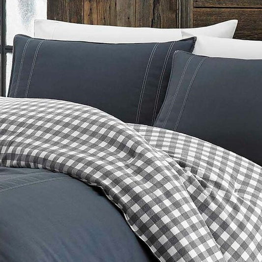 King size 100% Cotton Reverse Plaid Gray/White Comforter Set FastFurnishings