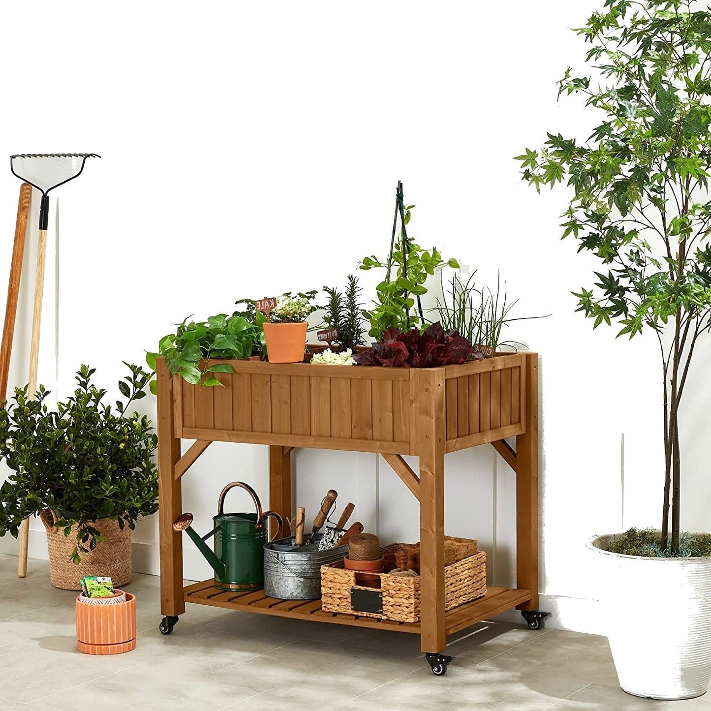 Outdoor Elevated Raised Garden Bed Planter Box with Locking Wheels FastFurnishings
