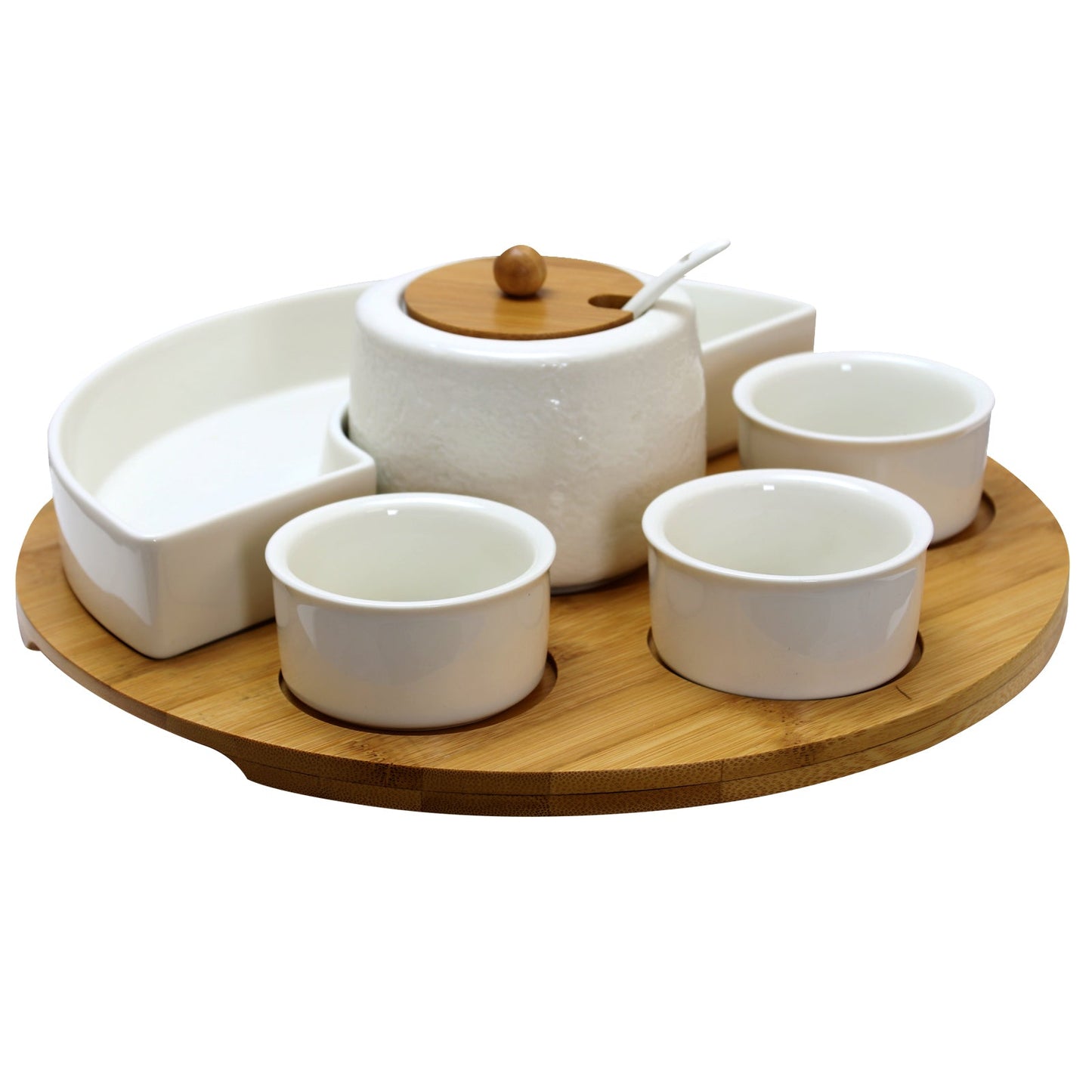 Elama Signature 8 Piece Appetizer Serving Set with 4 Serving Dishes, Center Condiment Server, Spoon, and Bamboo Serving Tray W2B