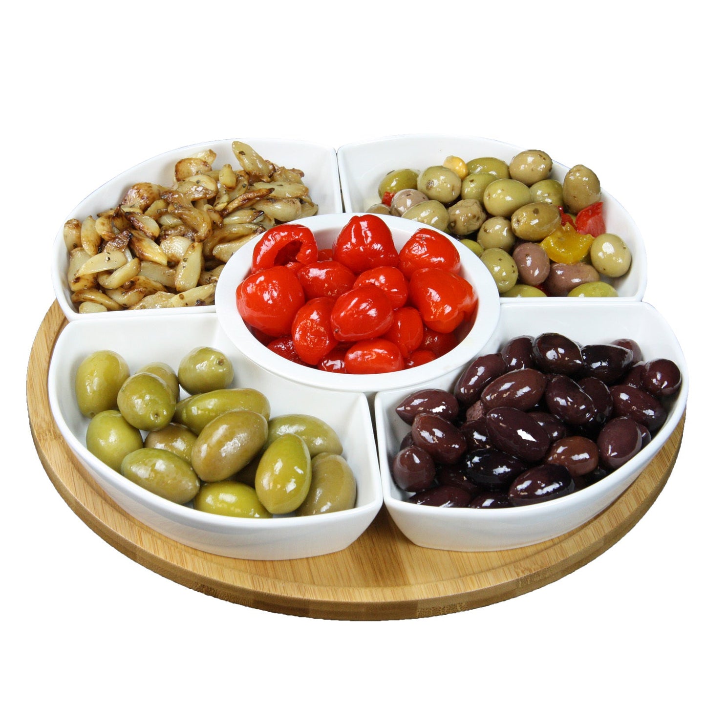 Elama Signature 12 1/4 Inch 6-Piece Lazy Susan Appetizer and Condiment Server Set with 5 Serving Dishes and a Bamboo Lazy Suzan Serving Tray W2B