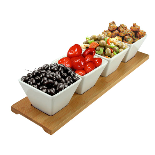 Elama Signature Modern 5pc Appetizer and Condiment Server with 4  Serving Dishes and a Bamboo Serving Black W2B