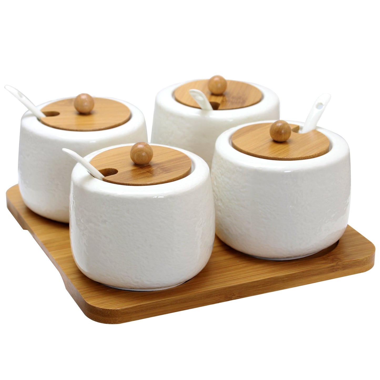 Elama Ceramic Spice, Jam and Salsa Jars with Bamboo Lids & Serving Spoons W2B