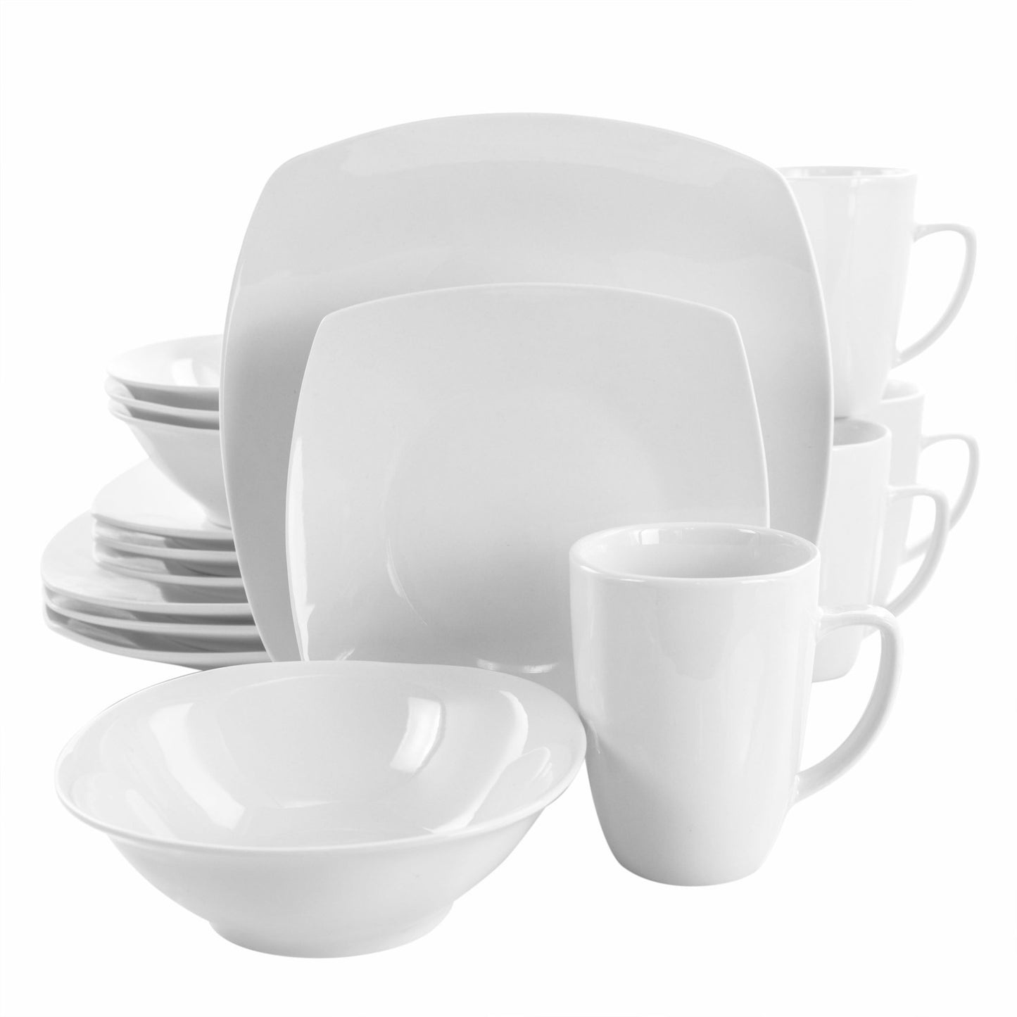 Elama Bishop 16 Piece Soft Square Porcelain Dinnerware Set in White W2B