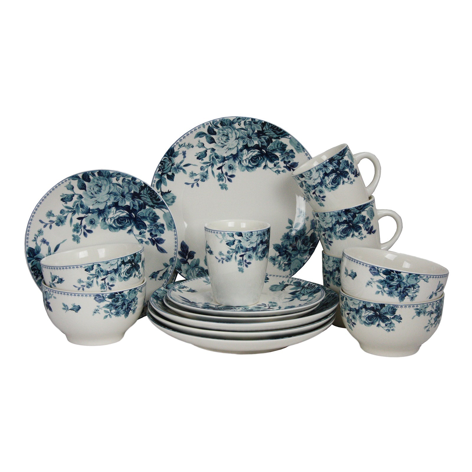 Elama Traditional Blue Rose 16 Piece Dinnerware Set W2B