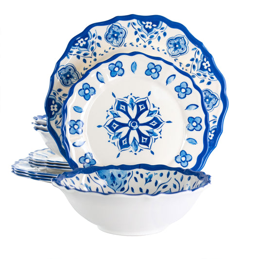 Elama Blue Garden 12 Piece Scalloped Lightweight Melamine Dinnerware Set in Blue W2B